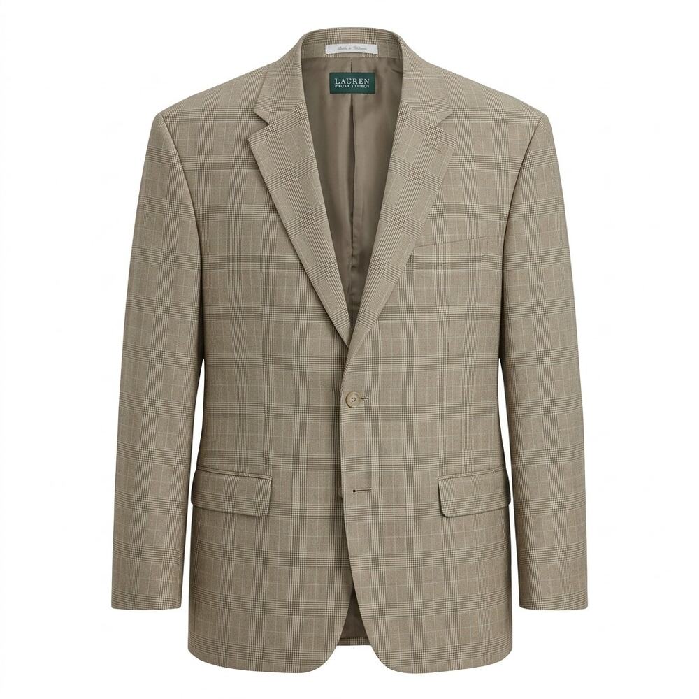 Lauren Ralph Lauren Beige Blue Plaid Blazer Jacket Men Size 42R